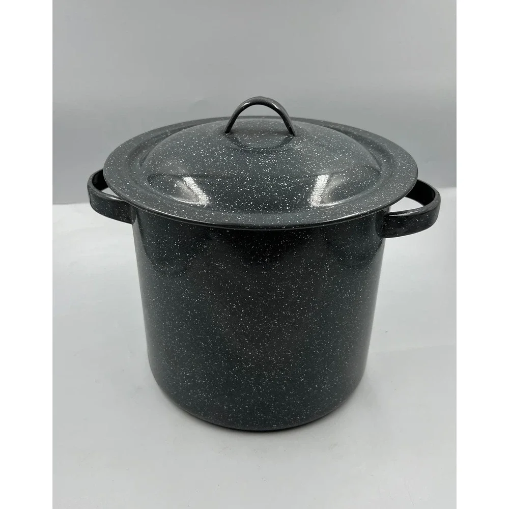 Vintage EnamelWare Black Speckled White Medium Stock Soup Pot‎ W Lid